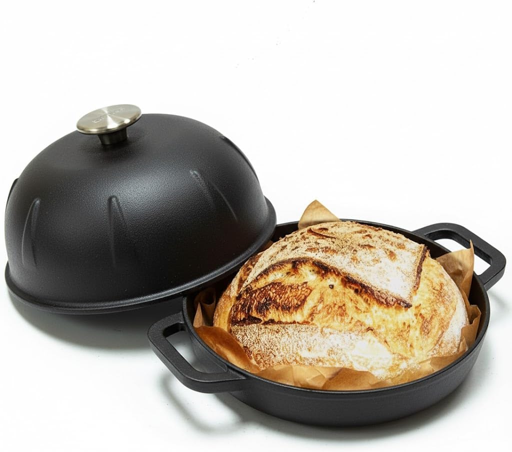 Cuisiland Pre-seasoned Heavy Duty Cast Iron Bread Cloche – Dome Lid Dutch Oven for Artisan Sourdough Baking – Heat-Retaining, Bakeware for Crispy Crust & Even Baking – Oven Safe (Black)