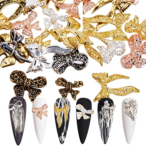 NICENEEDED 30Pcs Arc Grand Nail Gems, Charmes D'Ongles Rétro avec Nœud Papillon pour les Strass D'Art D'Ongle, 3D Rosette Ongles Bijoux Goujons Cover