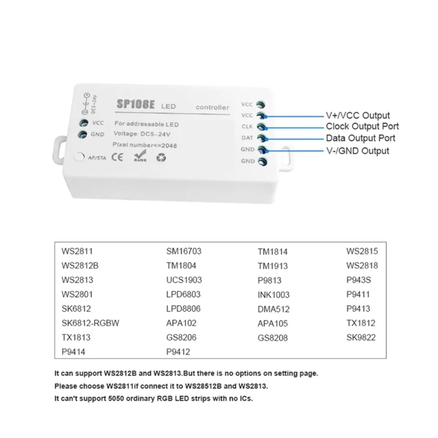 SP108E LED Controller DC 5V 12V 24V 2048 Pixel Dimmer WS2811 WS2812B SK6812 Colorful Light Strip