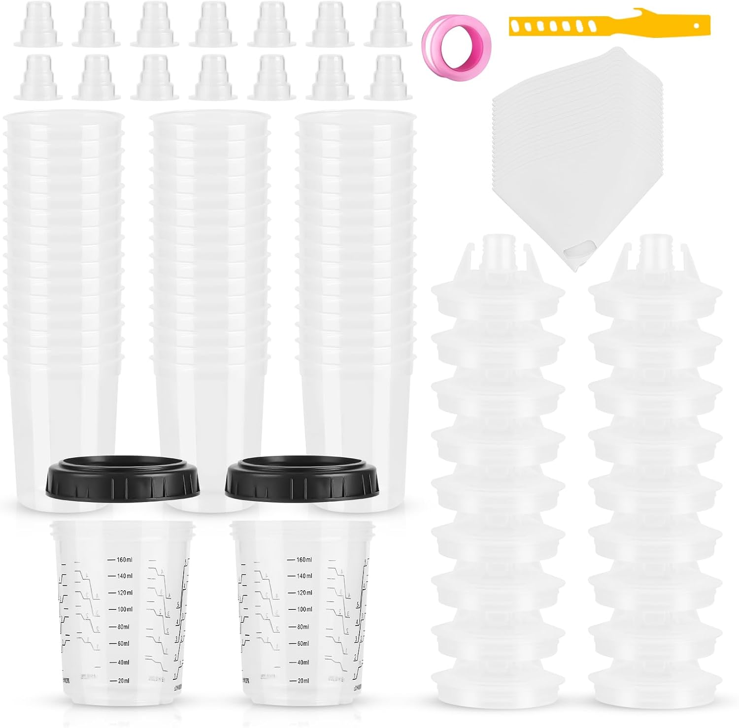 Mini Disposable Paint Mixing Cups 6 Ounce(165ml) with Lid, 30 Pack Paint Cup,125-Micron Filter, 2 Hard Cup with Retainer Ring, 20 Plugs, 1 Stirrer, 1 Seal Tape,10 Paint Strainers Paper Cone