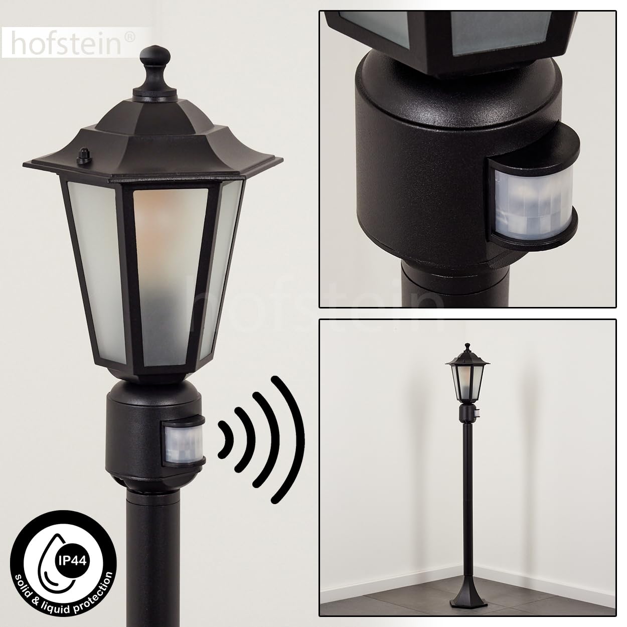 Lampa zewnętrzna Loria, oświetlenie ścieżki z czujnikiem ruchu z metalu/szkła mlecznego w kolorze czarnym/białym, lampa zewnętrzna o wyglądzie antycznym, 107 cm, lampa ogrodowa, oświetlenie ogrodowe