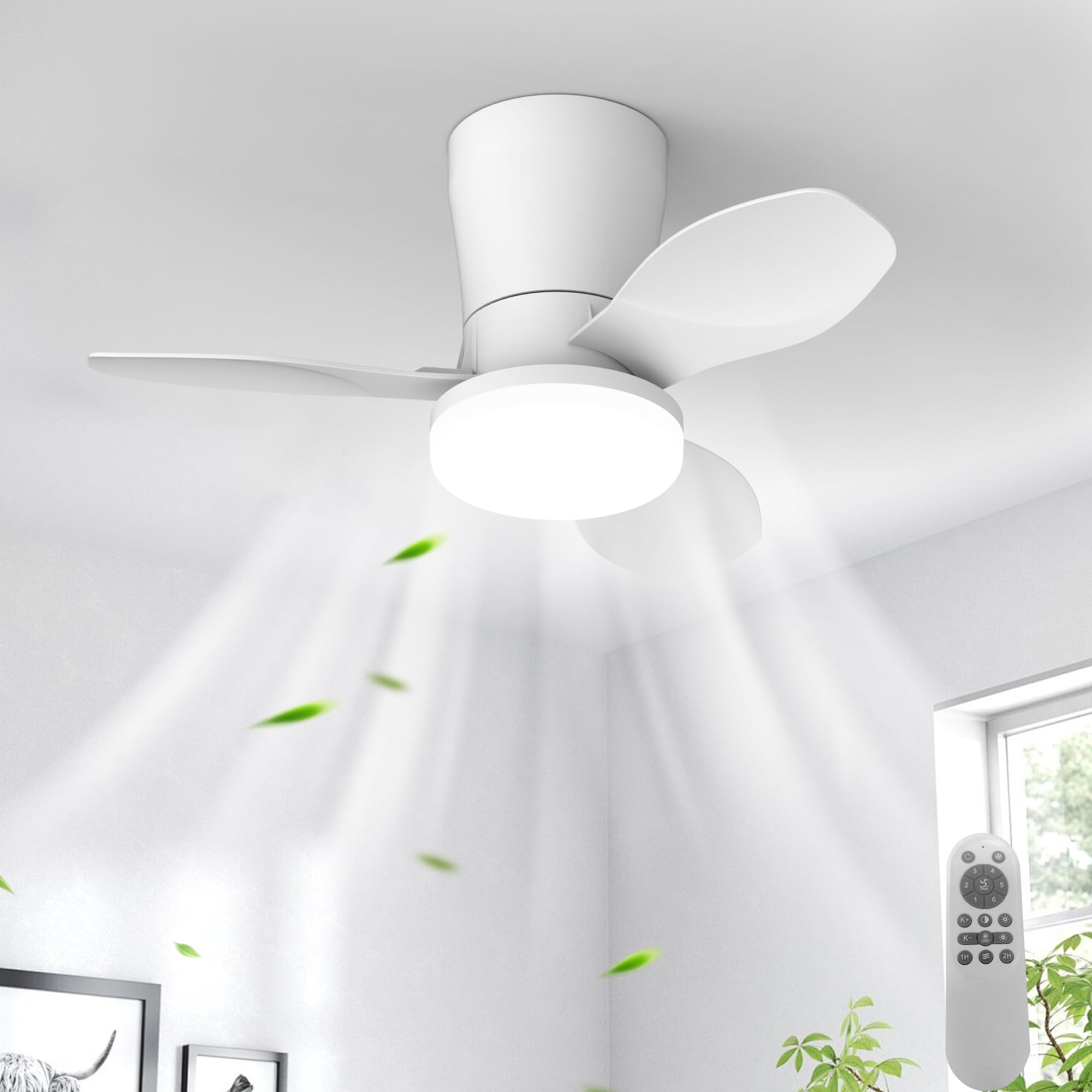 Qcyuui Ventilador de Techo con Luz 65 cm Silencioso, Motor DC Reversible, Mando Universal 6 Velocidades, Temporizador, Luz Regulable, Aspas Retráctiles, ABS+PC para Dormitorio Salón Cocina
