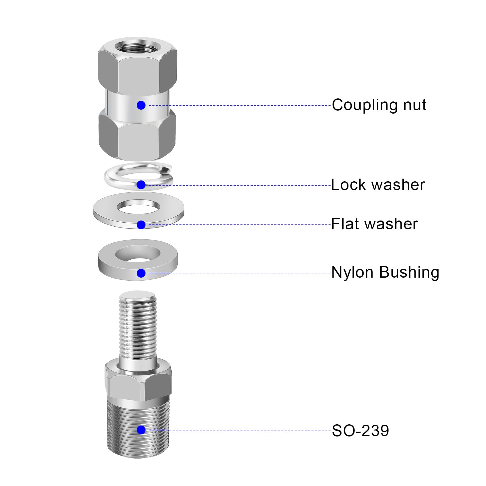 YNIBST Heavy Duty CB Ham Radio Antenna Adapter by Heavy Chrome-Plated Brass SO-239 Stud Mount for 3/8-24 Threads Mount, fit Any 1/2 inch Hole