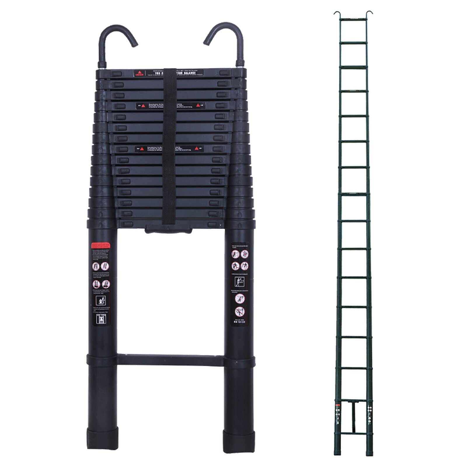 6.2M Black Telescoping Ladder 20.5FT Aluminum Foldable Ladder Extendable Portable Loft Ladder with 2 Roof Hooks Grip Handle Easy to Carry EN131 Safe Standard CE Registered Max Load 330 Pound/150 kg