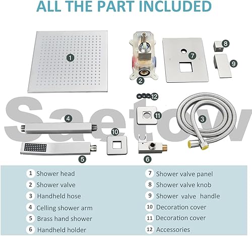 Miniatura 7 de Sistema de ducha LED cuadrado de 12 pulgadas, juego de grifo de ducha con rociador de mano SUS304, kit de ducha de acero inoxidable SUS304, ducha de