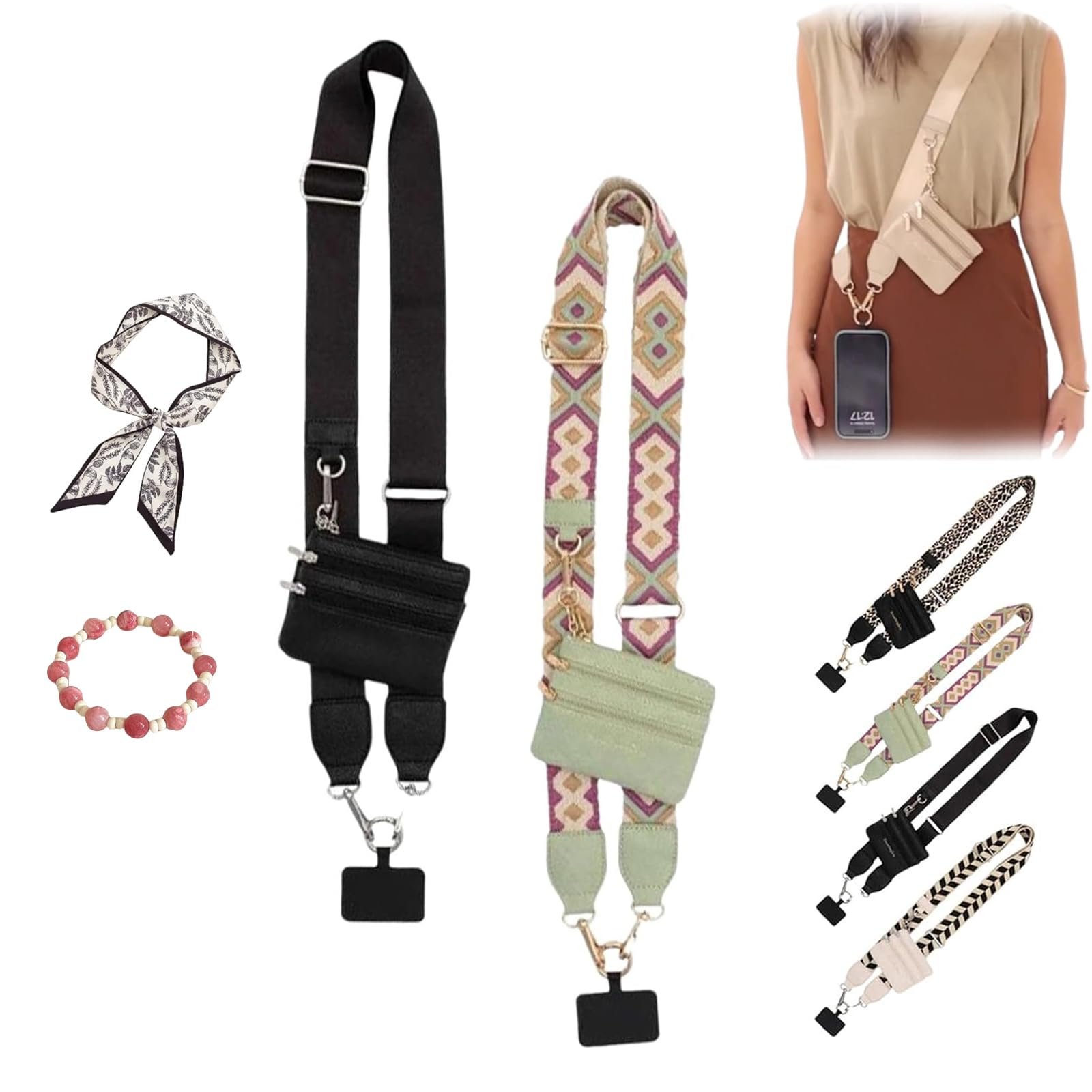 Glsayzu Women's 2Pcs-A Phone Strap With Zippered Pouch, Clip And Strap For Phone With Wallet Crossbody, Cell Phone Strap Crossbody (2Pcs-A)