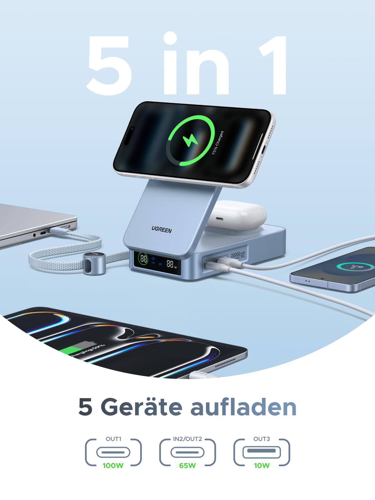 UGREEN MagFlow 20000mAh Qi2 25W Powerbank Magsafe mit USB-C 100W, AirPods | Qi2 Zertifiziert, Integriertes Kabel, Kabelloses Laden für Airpods, für iPhone 17-12, für Reisen und den Weg zur Arbeit