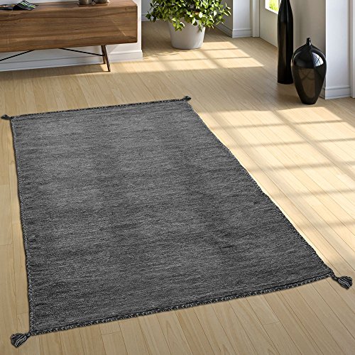 Paco Home Wohnzimmer Natur Teppich m. Fransen, Moderner Handgewebter Kelim, 100% Baumwolle, Grösse:160x220 cm, Farbe:Grau