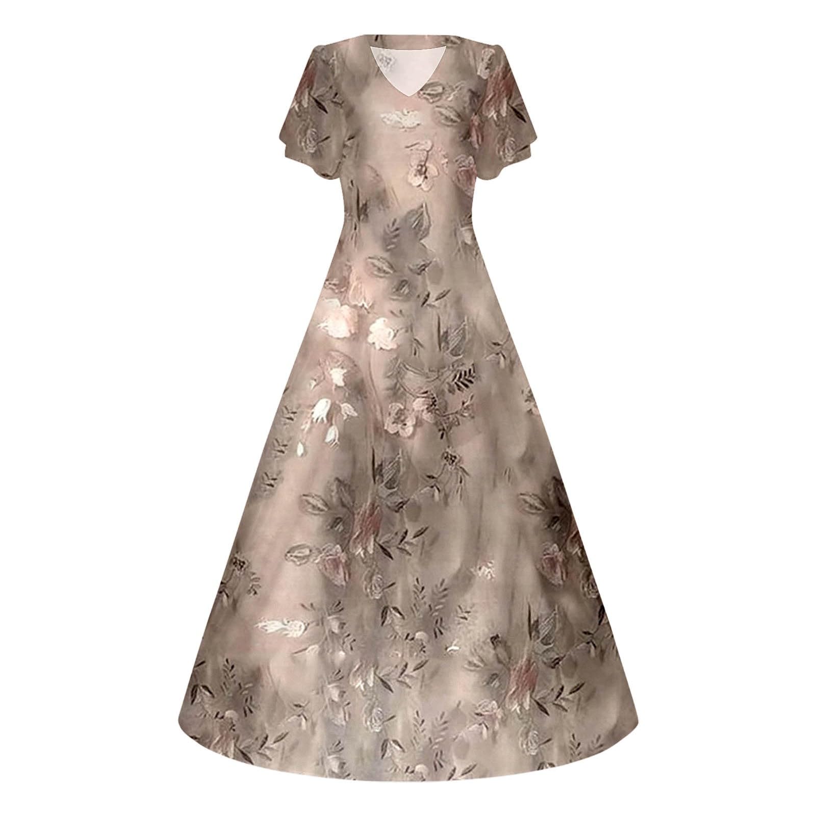 2026 Robes Femme Swing Longue Robe en Mousseline Fleurs Manches Courtes Volants Col en V Mode Taille Fluide Robe Robes