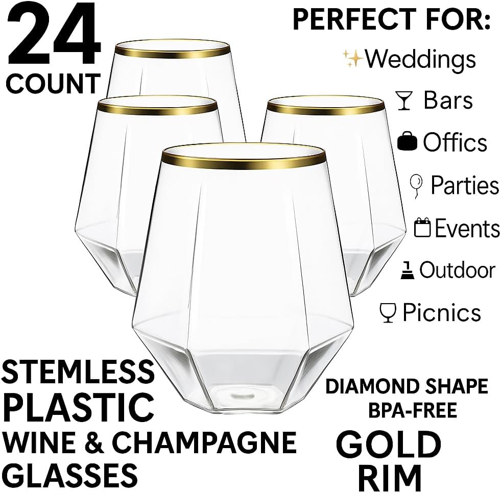 Oojami 24 count Diamond Unbreakable Stemless Plastic Wine Champagne Glasses Disposable Shatterproof BPA-Free Wine Glasses Indoor Outdoor Ideal for Home Office Bars, Wedding 12 Ounce Cup (Gold)