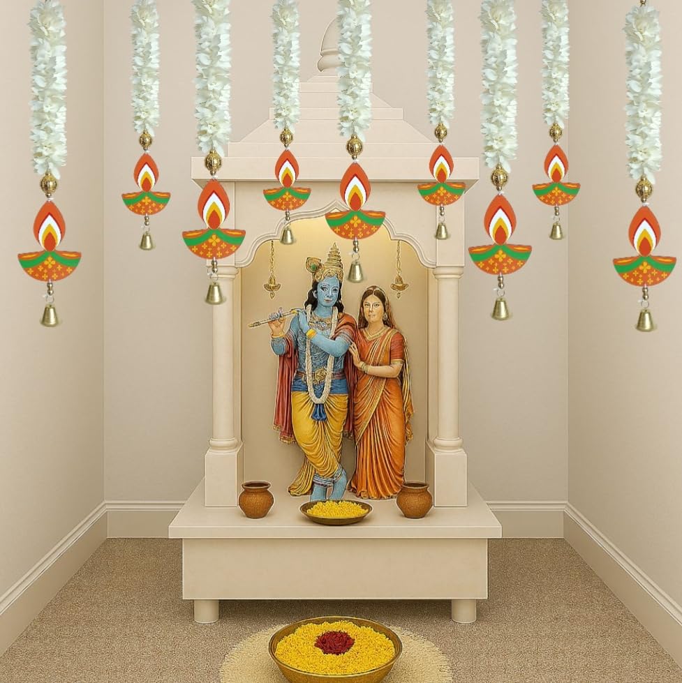 Image of Temple Decoration Item| Backdrop for Pooja Decor| Diwali Decoration Item| Hanging for Home Decoration| Wall Hanging Temple| Lotus Hanging for Home Decor| Ganpati Decor| (6, Floral Diya)