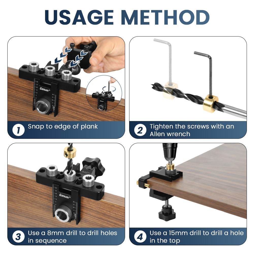 Flintronic Dima per Spinatura Legno, 8/10/15 MM Spinatrice per Legno, 3 in 1 Dima per Fori a Tasca, con clip di posizionamento di regolabile Localizzatore Guida di Perforazione Regolabile