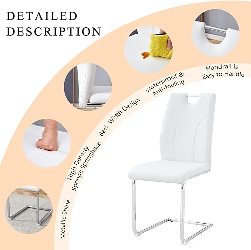 Miniatura 7 de Juego de 2 sillas de comedor modernas de poliuretano blanco con patas de metal plateado, asientos ergonómicos para oficina y restaurante, capacidad