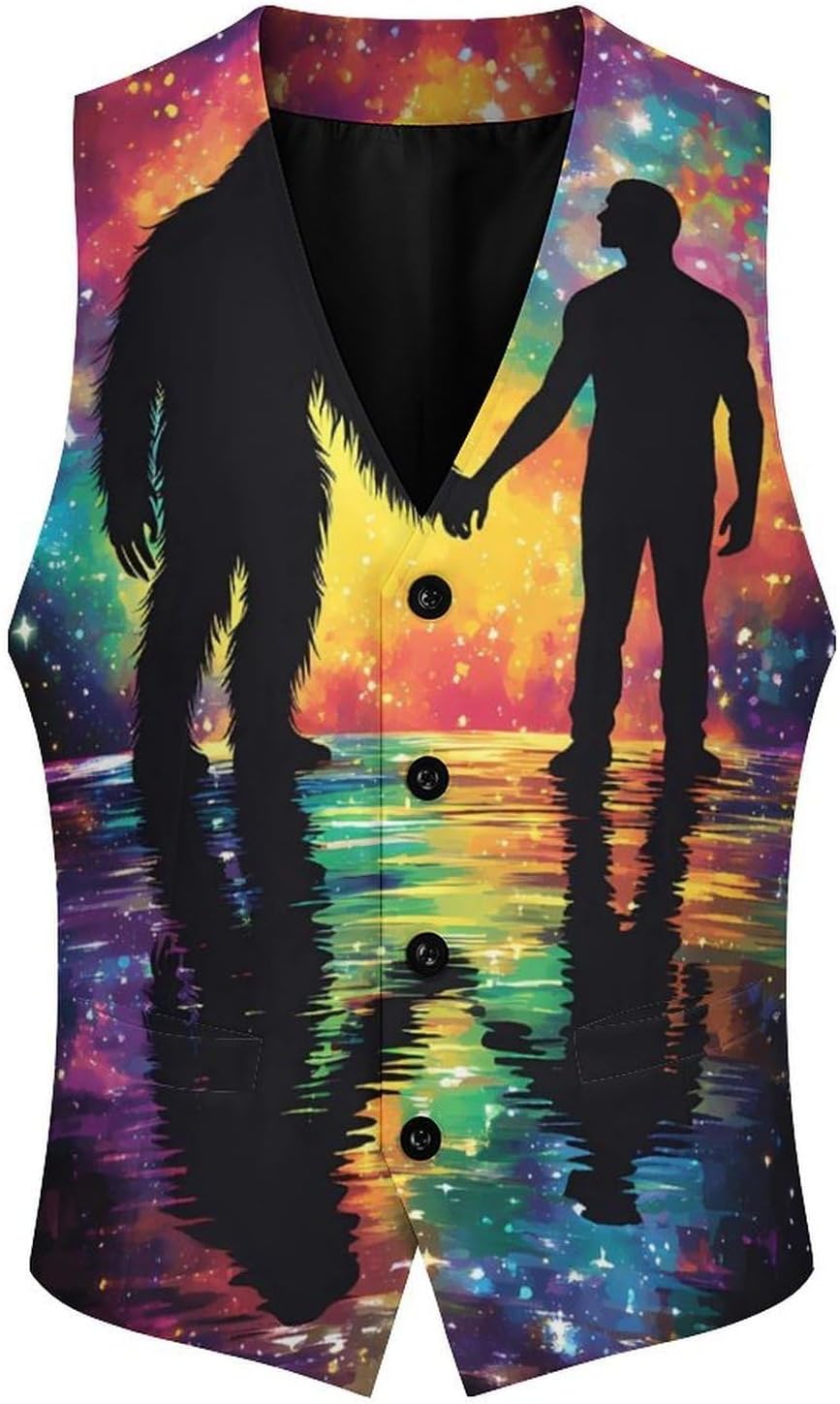Bigfoot Friendship with Human Men's Suit Vest Casual Business Dress Slim Fit Waistcoat Vests with Pockets