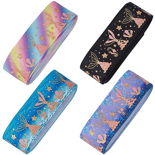 GORGECRAFT 4 Colors 8 Yards Grosgrain Glitter Printed Elastic Ribbon Mermaid Tail Folding Headband Polka Dot Sea Animals Stamping Resilience Band Stretchy Waistband Roll Shiny Hair Ties for Sewing