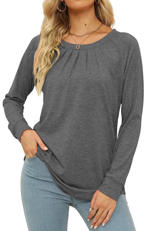 Womens Fall Fashion 2022 Crew Neck Long Sleeve Shirts Casual Tops for Women Grey