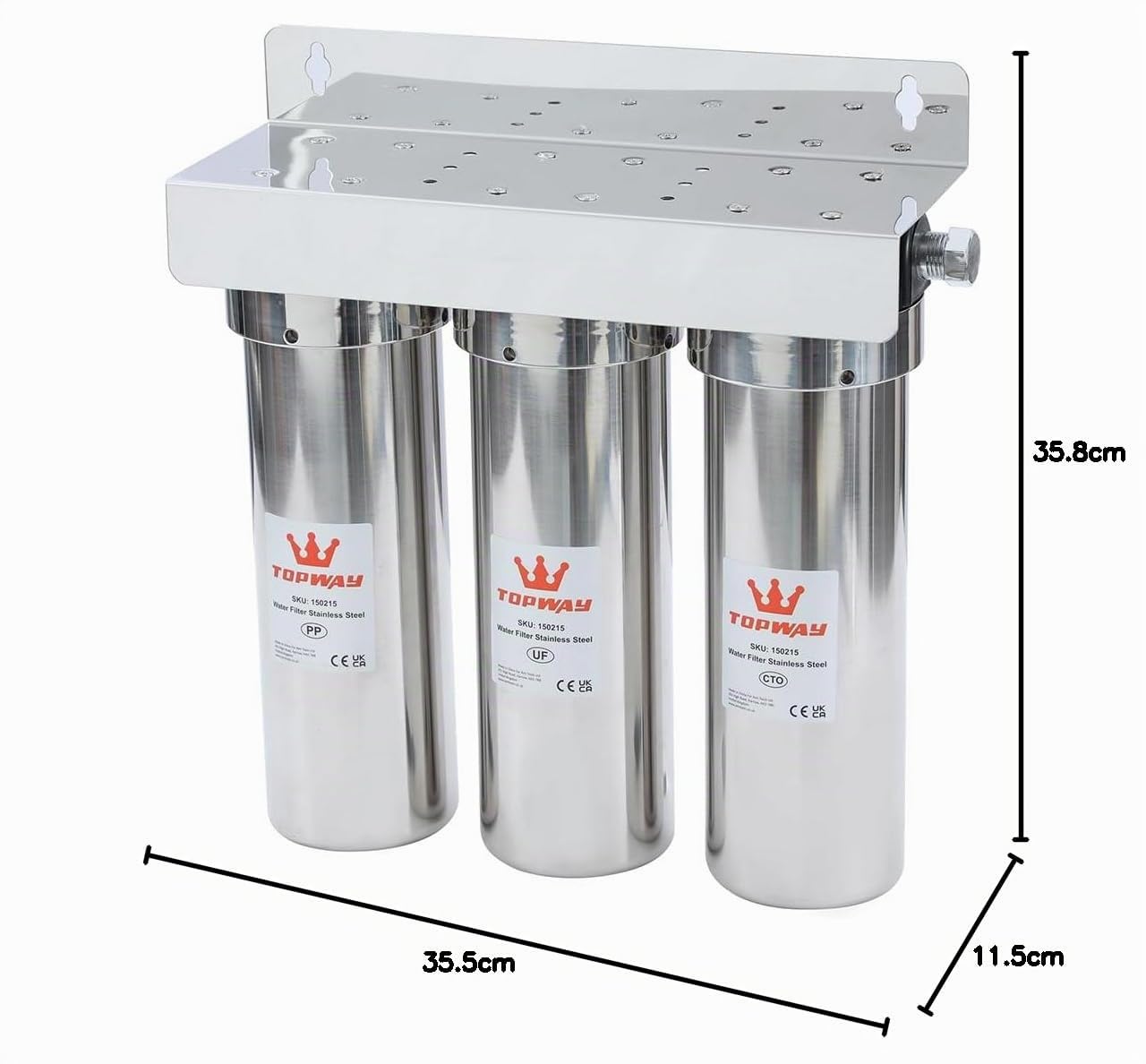 TOPWAY 3-stufiges Untertisch Wasserfiltersystem, 0,01 Mikron Ultra-Filtration, 10" Tankgehäuse aus Edelstahl, Direktanschluss und Schnellwechsel