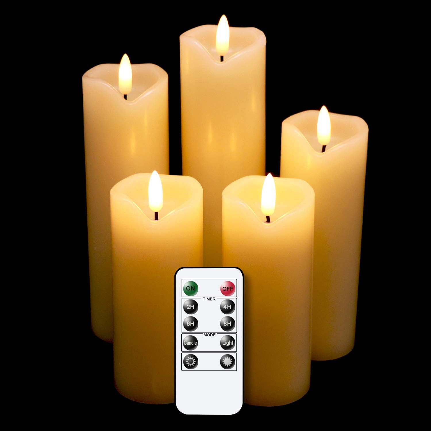 Wondise3D Wick ing Flameless Candles Battery Operated with Remote and Timer, Set of 5 Real Wax Warm Light LED Pillar Candles Christmas Decoration(Ivory, 2.2" x 5", 6", 7", 8")