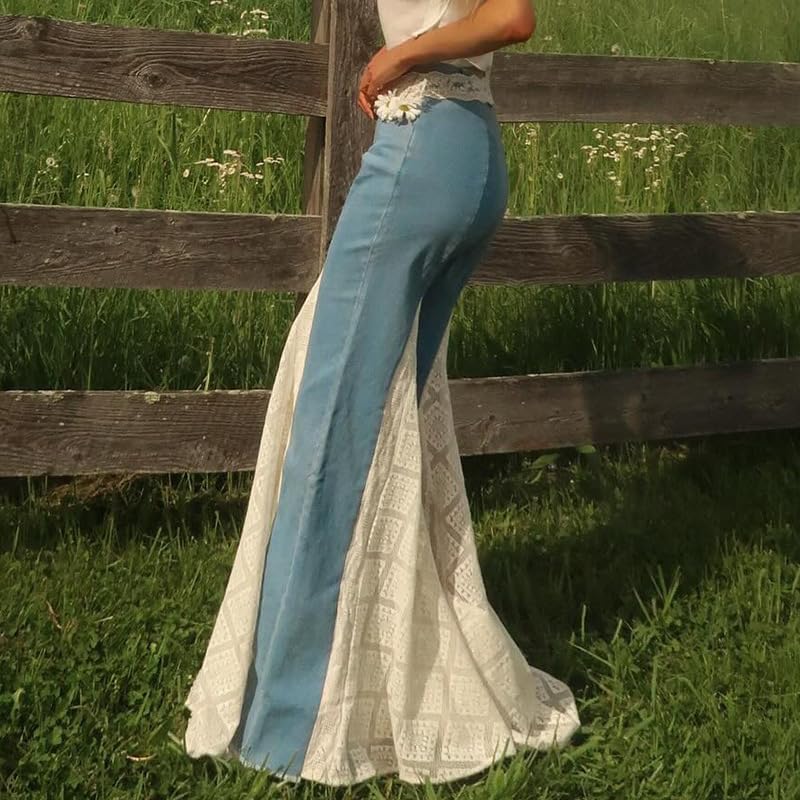 High Waisted Jeans Lace Patchwork Flare Jeans Bell Bottom Pants for Woman
