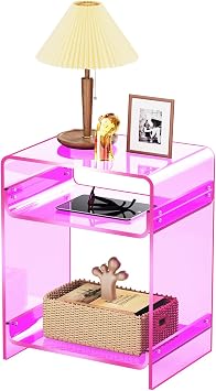 Acrylic End Table Record Player Table with Storage Shelf Clear Side Table Nightstand 15.7x19.7x11.8Pink