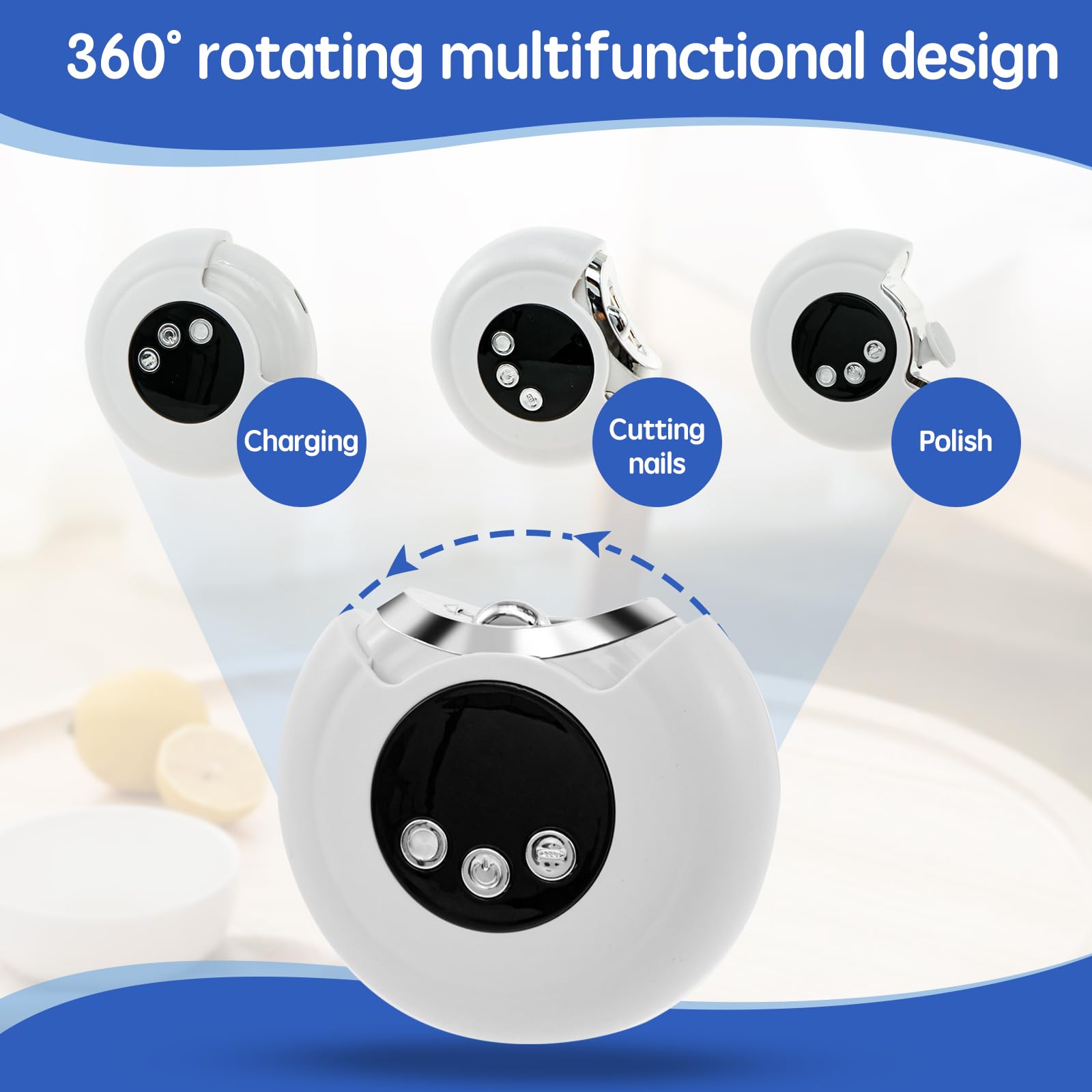 Electric Nail Clippers, 3 in 1 Function Electric Nail Clipper, 360° Rotating Electric Nail Sharpener with LED Light and Battery Indicator, Electric Nail Clipper Suitable for Adults