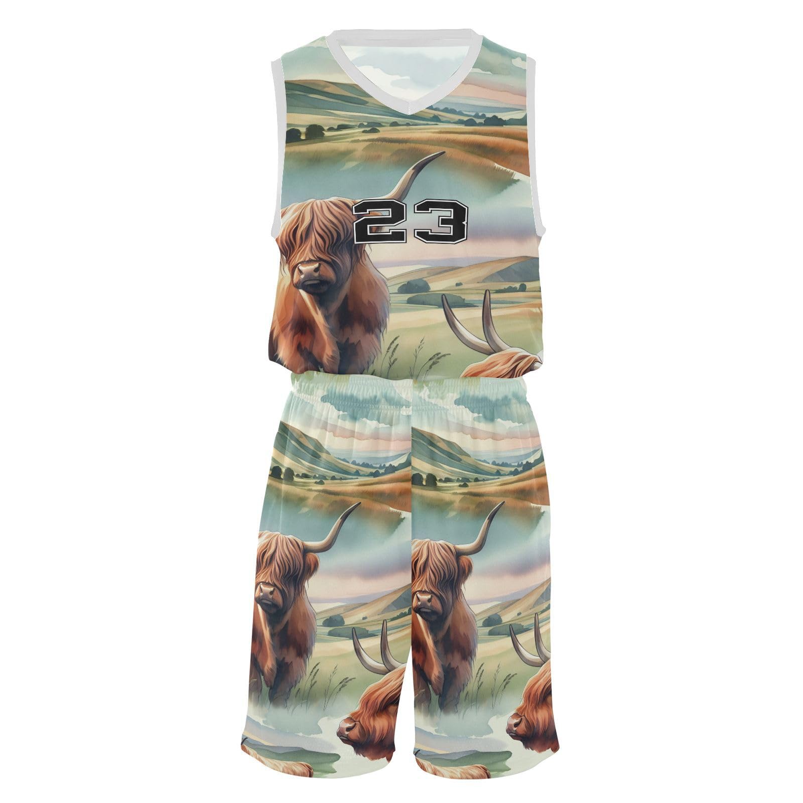 FLildon Watercolor Highland Cows Boys Basketball Jersey Set Tank Top Shorts Tracksuit Sport Training Suit for Kids, S