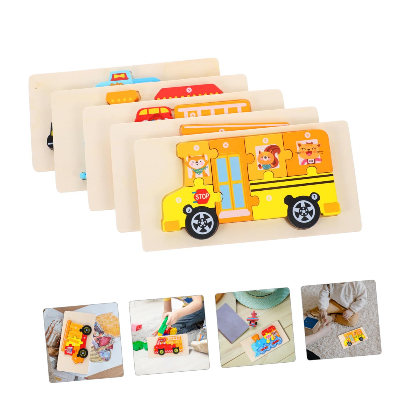 Puzzle 3d in Legno per Bambini, Set da 5, Cartoni Educativi | Bordi Lisci e Angoli Arrotondati, Aiuta la Coordinazione Occhio-mano, Design Stereoscopico
