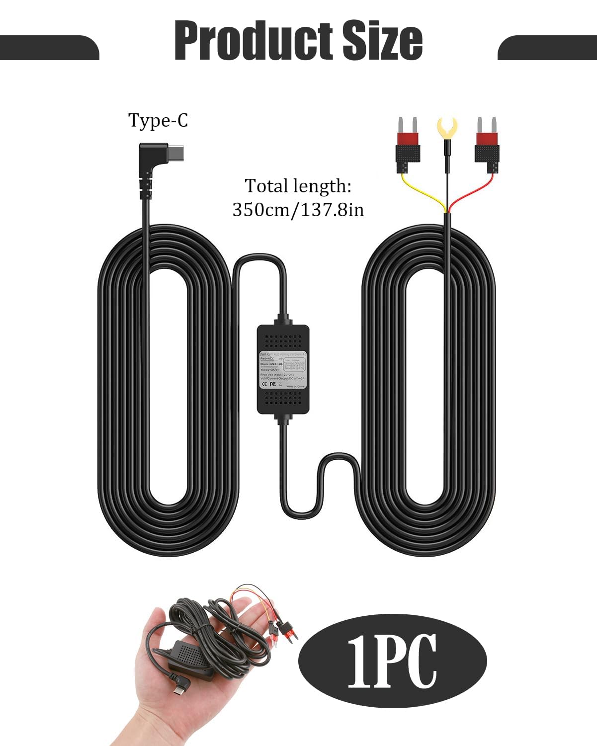 Kit Cablaggio Dashcam USB-C Kit di Cablaggio Hardwire Kit di Tipo C per Dashcam USB-C Dash Cam Hardwire Kit 3,5m DC 12V-24V a 5V/3A con Monitoraggio del 24H Parcheggio Protezione da Sottotensione