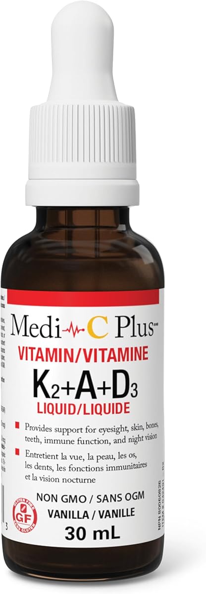 Preferred Nutrition Medi-C Plus Vitamin D 1000 IU, Vitamin K2 50 mcg, Vitamin A 500 IU, 30 ml Liquid Supplement, Vanilla Flavour, Easy-to-Take Liquid, 480 Drops, Immune Support, Bone & Teeth Health, Vegetarian, Proudly Canadian