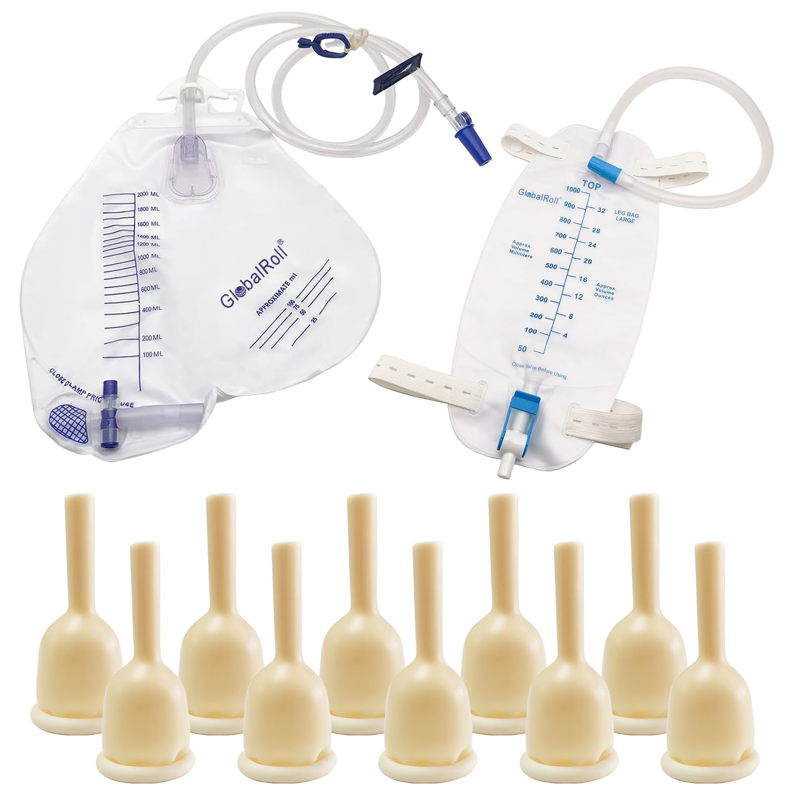 GlobalRoll Latex Condom Catheters External Self Sealing Set, 2000ml Urinary Drainage Bag with Anti-Reflux Chamber *1, 1000ml Catheter Leg Bag *1, 10pcs Condoms for Men (1.38inch/35mm)
