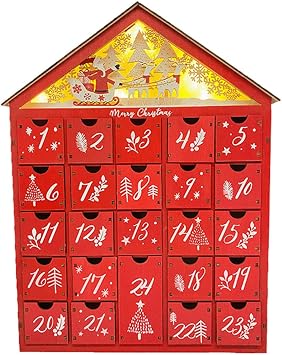 GUOOL Wooden House Shaped Christmas Advent Calendar for Kids LED Luminous Small Gift Candy Drawers 24 Storage Boxes Christmas Wooden Advent Calendar Bow Shape 24 Drawers Christmas Decoration Stuffer