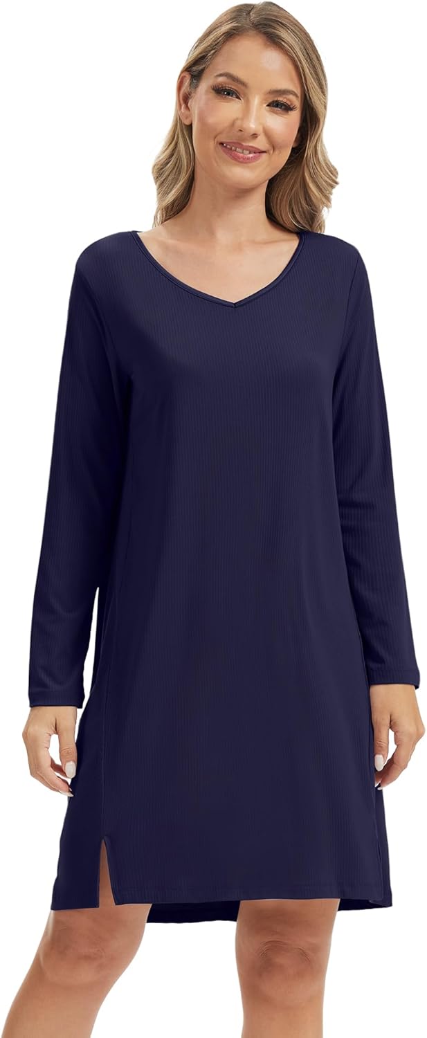 WiWi Women's Nightgown Soft Ribbed Long Sleeve Nightshirt Bamboo Viscose V-Neck Sleepwear Casual Sleep Shirt S-XXL