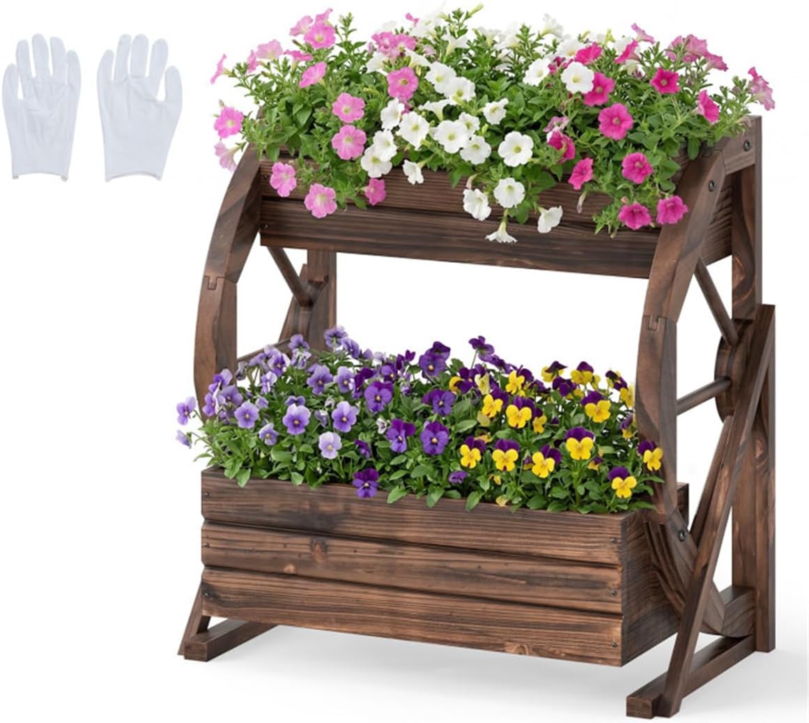 2-Tier Vertical Raised Garden Bed, Fir Wood,Coffee Color,Burned Finish Semi-Wheel Decorative Planter for Wedding