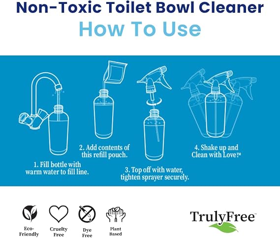 Truly Free Toilet Bowl Cleaner - Heavy-Duty Stain Remover - Septic Safe, Plant-Based Formula - Fresh Peppermint Scent - 16 oz Reusable Empty Bottle + Two Fills, 3 oz ea.