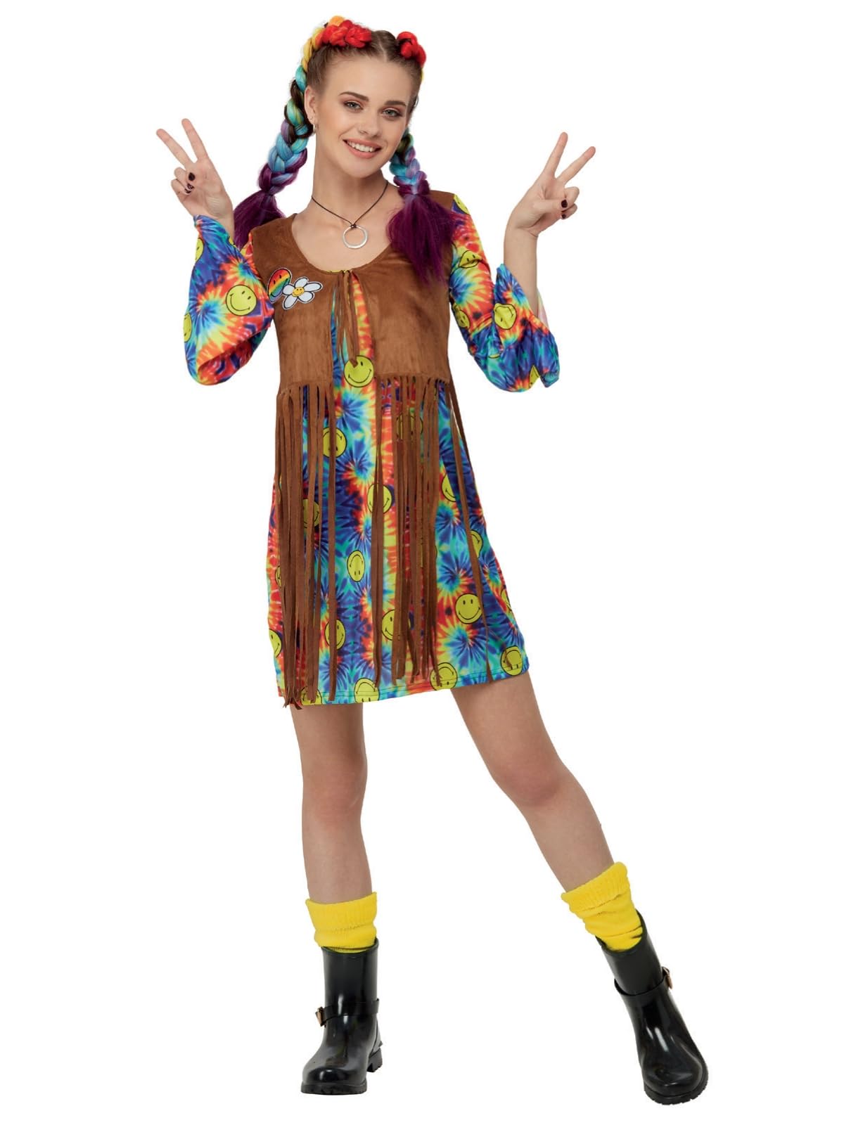 Smiffys Vestido hippy con emoji de cara sonriente, Multicolor, Vestido y chaleco con flecos