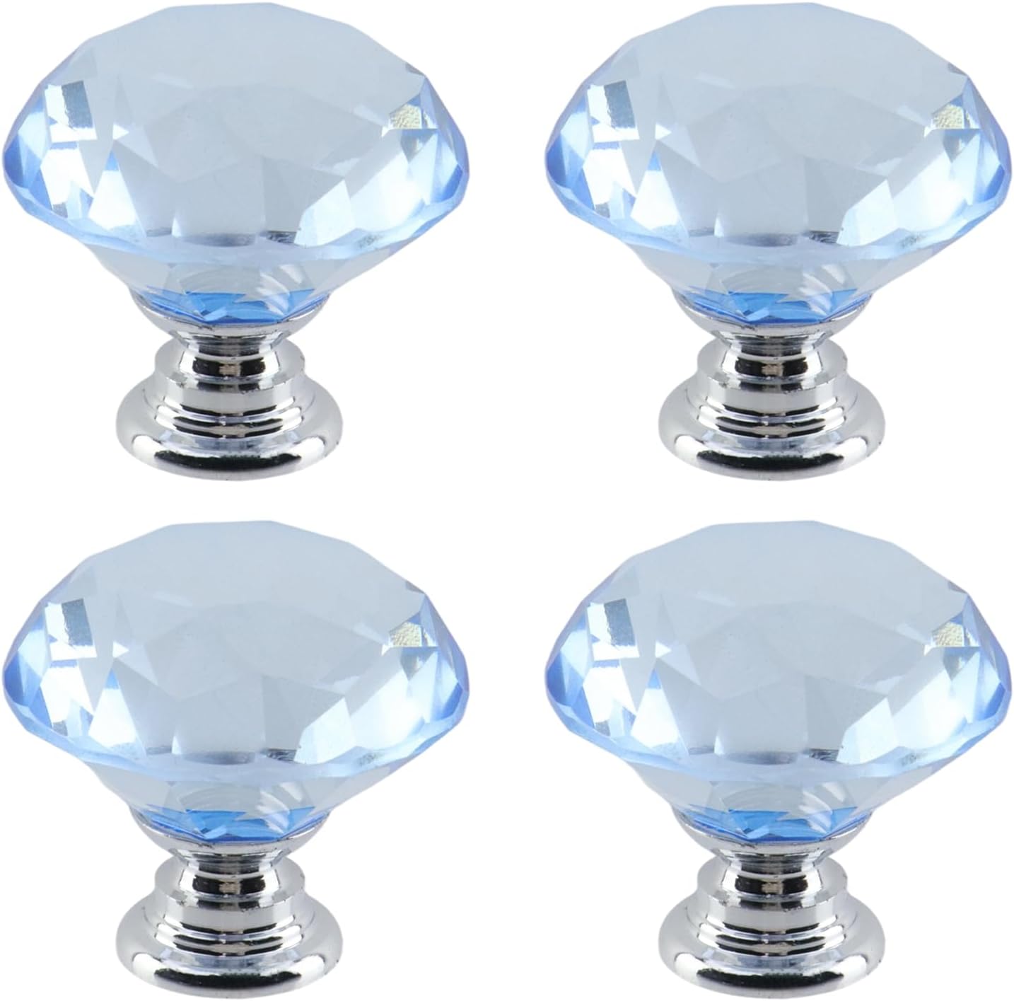 4Pcs Flat-top Diamond 1.18"/30mm Crystal Glass Pull Handle Cabinet Knobs Cupboard Drawers Cabinet Dresser Bookcase Wardrobe,Silver-Light Blue