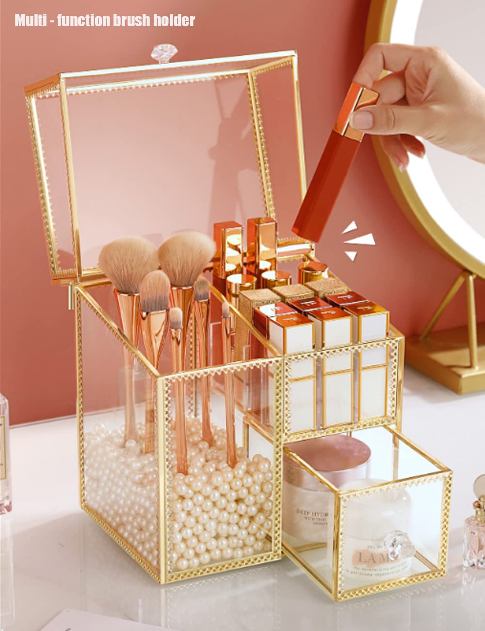 YUEHUA Wielofunkcyjny uchwyt na pędzle do makijażu, w stylu vintage, przezroczyste szkło, organizer na pędzle do przechowywania perfum, lakieru do paznokci, szminek, kremu do twarzy, pędzli do