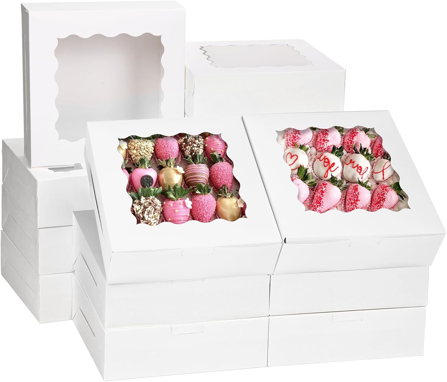 Moretoes 30 Pack White Bakery Boxes with Clear Window, 8x8x2.5 Inch Cookie Boxes for Donuts, Chocolate Strawberries, Pies