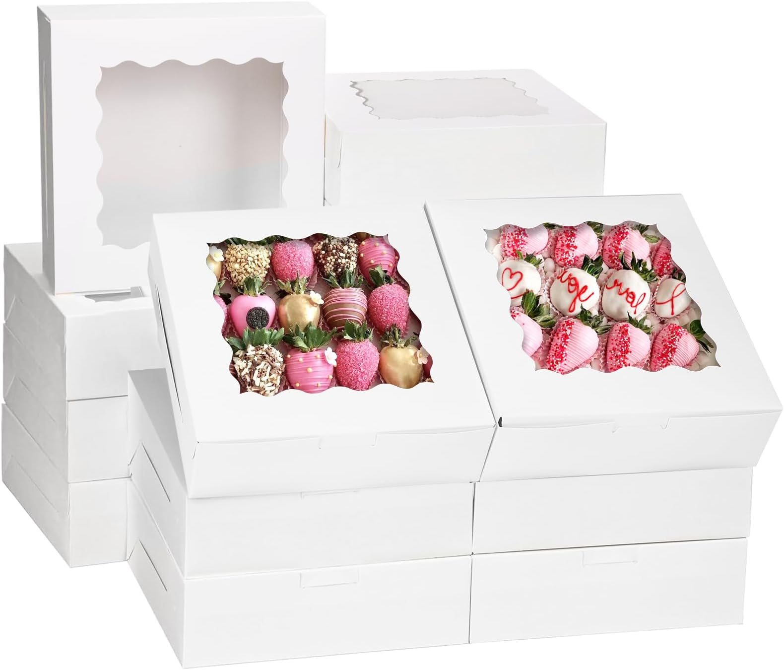 Moretoes 30pcs Bakery Boxes, 8x8x2.5 Cookie Boxes with Window, White Treat Containers for Donuts, Chocolate Strawberries, Pie