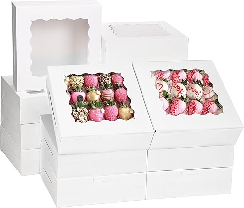 Moretoes 30 cajas de panadería, cajas de galletas de 8 x 8 x 2.5 pulgadas con ventana, recipientes blancos para donas, fresas de chocolate, pastel