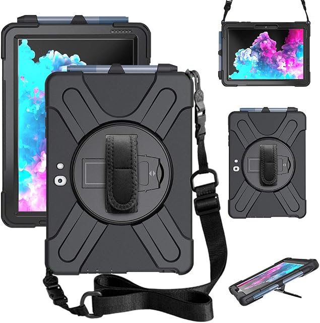 Junfire Protective Case for Microsoft Surface Go 3, Surface Go 2, 10.5 inch 2021/2020, Surface Go, Shockproof Heavy-Duty Case with Kickstand and Shoulder Strap, 360 Degree Rotation (Black)