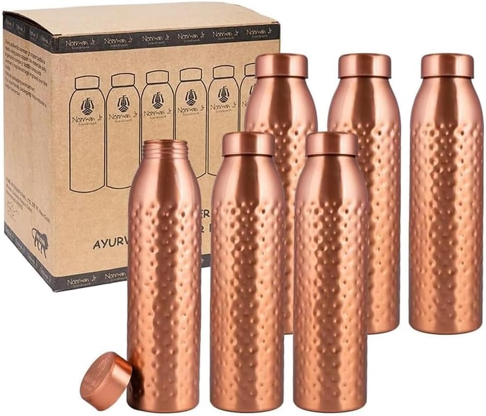 NORMAN JR Copper Water Bottle 1L - Gift Box of 6 Hammered an Ayurvedic vessel made from pure