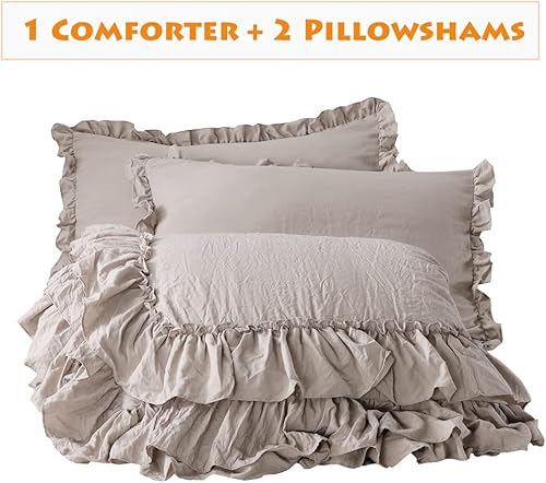 Miniatura 7 de Masaca - Juego de edredón de tamaño matrimonial, con volantes, de estilo rústico, desgastado, bohemio y elegante, estético, ligero, 3 piezas, gris
