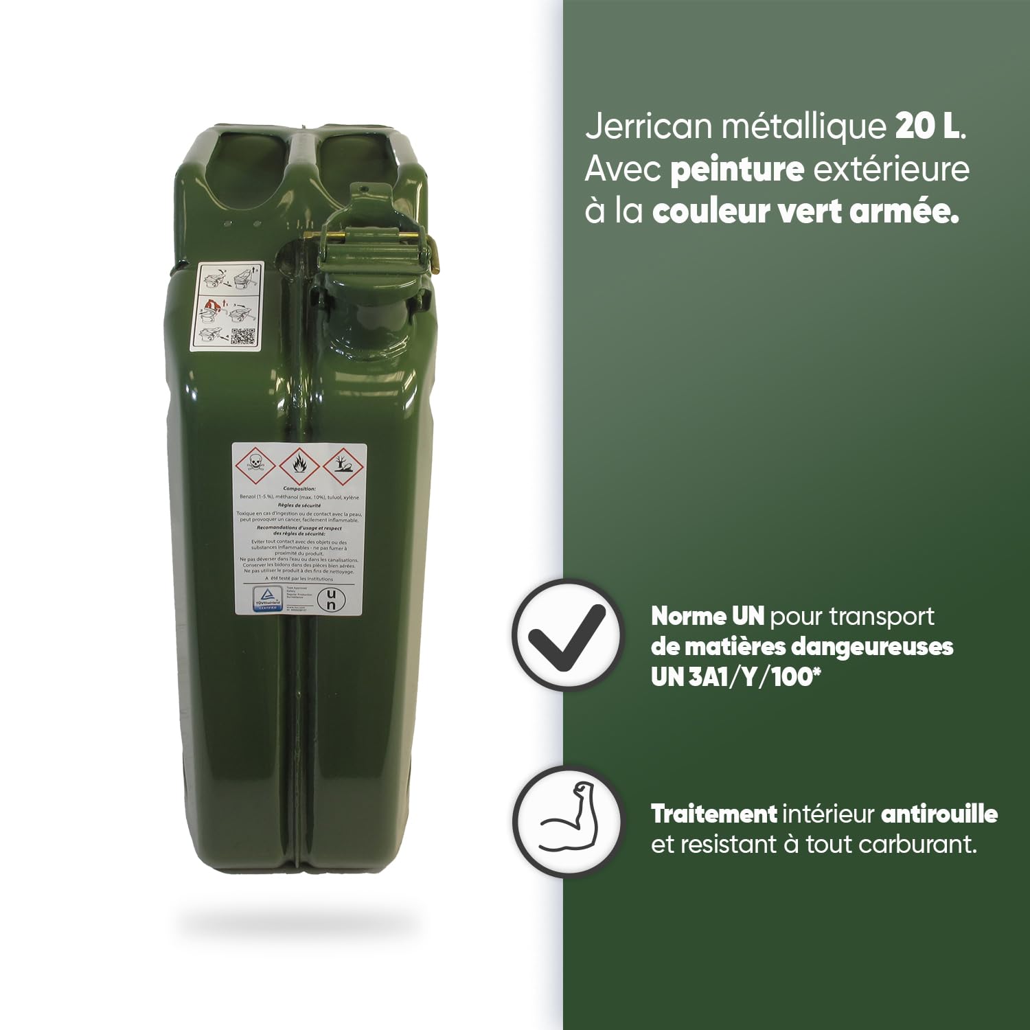 Jerrican 20L – Jerrican Metal – Cerradura con pasador – Tratamiento interior antioxidante – Estándar de transporte de materiales peligrosos