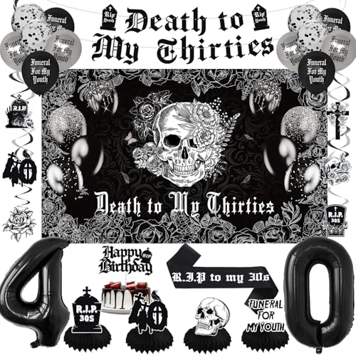 Crenics Death to My 30s Decorations - Death to My Thirties Backdrop Banner Honeycomb Sash Hanging Swirls Cake Topper and Balloons for 40th Birthday Party Decorations for Women or Men