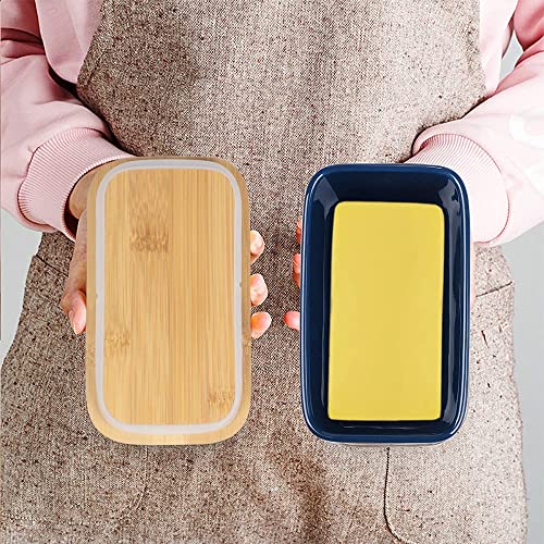 Image of Ceramic Butter Dish with Wooden Lid and Stainless Steel Knife, Large Butter Container Keeper with Bamboo Cover and Silicone Sealing Ring for West and East Coast Butter (Blue)