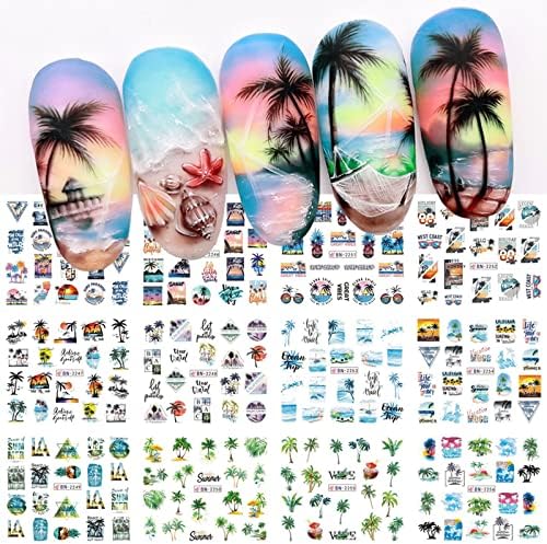 Coconut Trees Nail Art Stickers Summer Beach Nail Decals Stickers for Nail Art Plam Tree Tropical Style Nail Art Water Transfer Decals Sliders for Summer Nails Art Decoration Supplies Manicure Tips