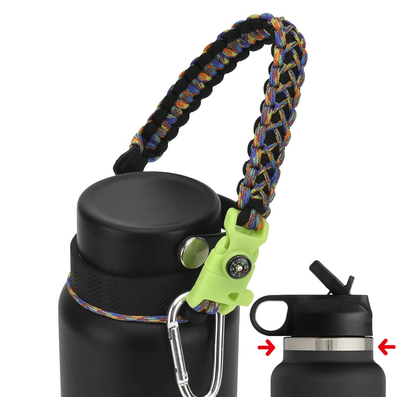 QeeCord 2.0 Paracord Handle for Hydroflask 2.0 Wide & Standard Mouth Water Bottles Strap Carrier with New Safety Ring Holder, 12oz - 64oz