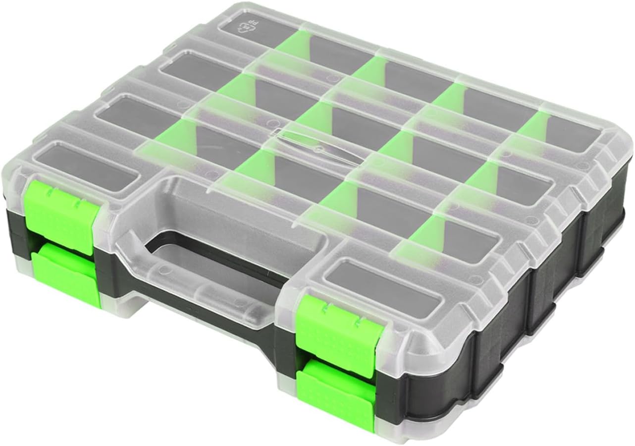 Tool Box with Transparent Lid, Double Side 34-Compartments Organizer Box with Removable Dividers for Hardware, Screws, Bolts, Nails, Beads, Jewelry and Fishing Accessories, Green, 4 Pack