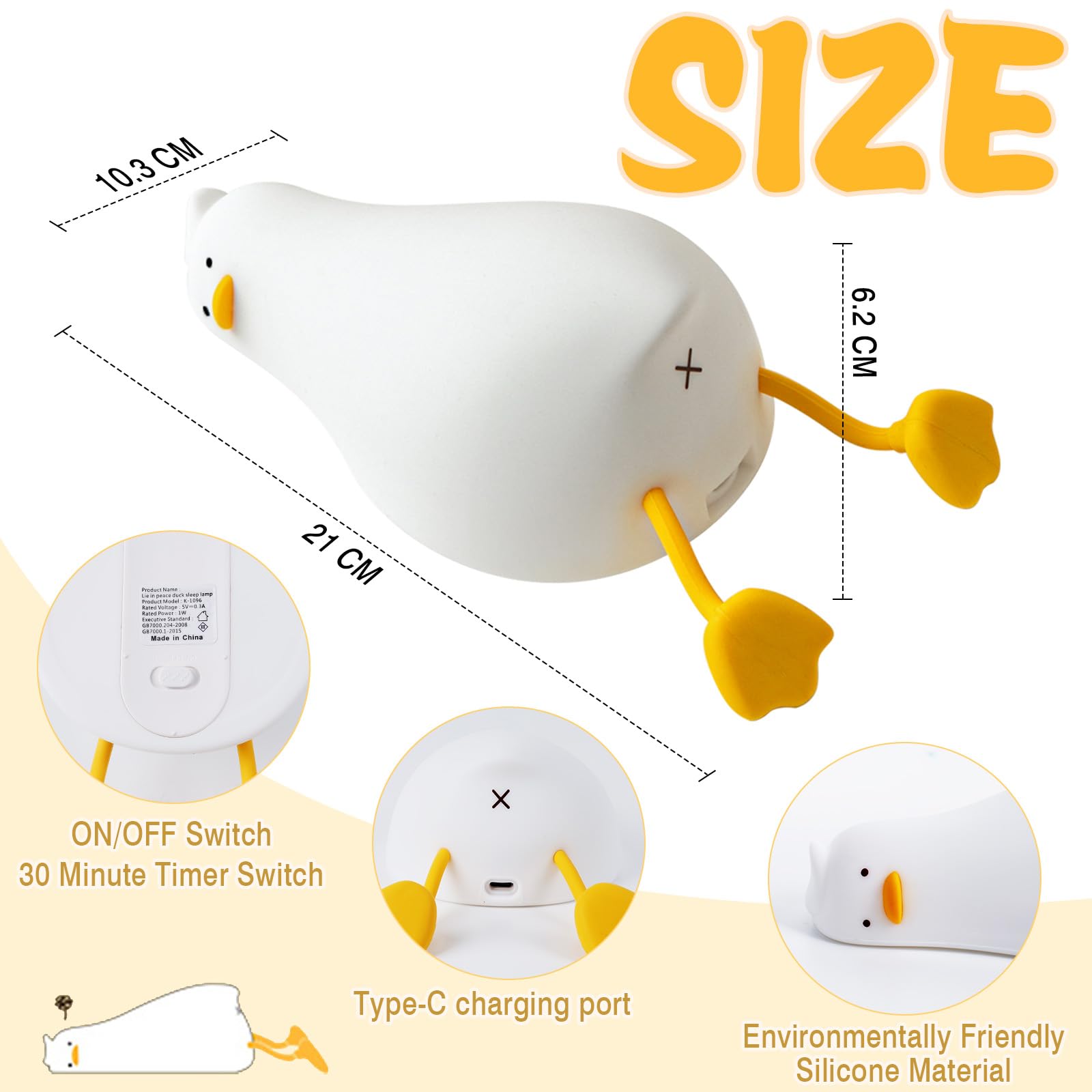 GIACOMO Luce Notturna Bambini, Silicone Luce Notturna Neonato, Ducky Lamp Con Funzione Timer, USB Ricaricabile, Luci Cameretta Bambini Dimmerabile, Controllo a Sfioramento, Bambini Neonato Regalo